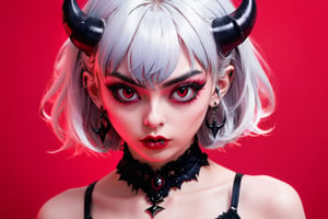 1girl, solo, looking at viewer, bangs, jewelry, closed mouth, (((monochrome))), upper body, earrings, horns, medium hair, tattoo, piercing, pink background, ear piercing, red background, colored sclera, black sclera