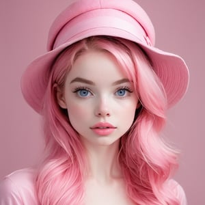 there is a woman with a pink hat on her head, smooth pink skin, pale fair skin!!, pink face, glowing pink face, pink girl, pink skin, some pink, amouranth, covered in pink flesh, belle delphine, pink lips, angelawhite, very pale white skin, very very pale white skin, long pointy pink nose