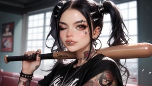 score_9, score_8_up, score_7_up, score_6_up  1girl, (((solo, black hair, hair ornament, twintails, brown eyes, jewelry, one eye closed, lips, tattoo, piercing, ear piercing, spikes, realistic, facial tattoo, holding baseball bat, gothic, nail, lip piercing nijistyle))))
