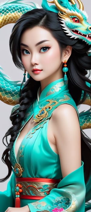 *8k Masterpiece, Top Quality, Best Quality, Official Art, (Beauty and Aesthetics: 1.3), Extremely Detailed, (Fractal Art: 1.3), Colorful, and Chinese Dragon, Serpentine Body, Claw, Cyan and 1 Woman, Han Woman's Media, Hanfu, Cyan
