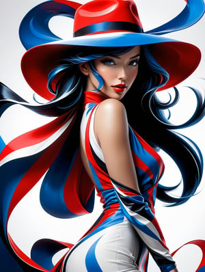 Female hat by msra eve, msra eve art, Red and blue hat, enchanting, glamorous elegance, flowing silhouettes, dynamic angles, dynamic poses, high contrast, long exposure, speedpainting, black & white, light-filled, black and white painting by diana alexander, in the style of josh adamski, anime character by Tomokazu Matsuyama, fashion-illustration, white background, ultra detailed, high resolution, 8K 