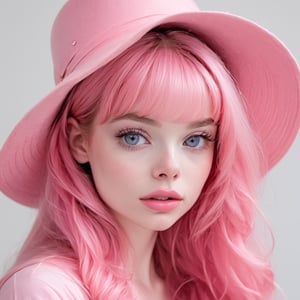 there is a woman with a pink hat on her head, smooth pink skin, pale fair skin!!, pink face, glowing pink face, pink girl, pink skin, some pink, amouranth, covered in pink flesh, belle delphine, pink lips, angelawhite, very pale white skin, very very pale white skin, long pointy pink nose