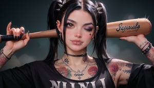 score_9, score_8_up, score_7_up, score_6_up  1girl, (((solo, black hair, hair ornament, twintails, brown eyes, jewelry, one eye closed, lips, tattoo, piercing, ear piercing, spikes, realistic, facial tattoo, holding baseball bat, gothic, nail, lip piercing nijistyle))))
