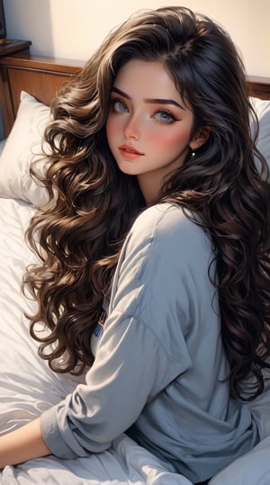 masterpiece, best quality, ultra-detailed, illustration, beautiful detailed eyes, 1girl, high school outfit, dark color hair, long wavy hair, lying on bed, thin belly, brushing, shy