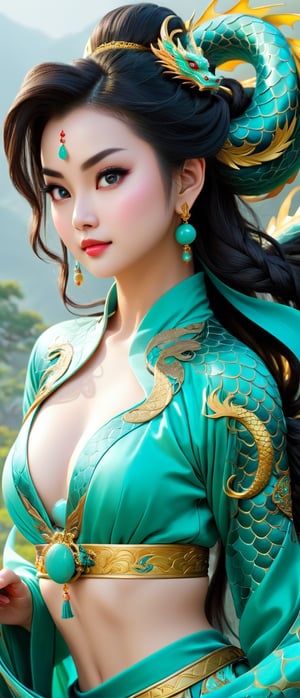 *8k Masterpiece, Top Quality, Best Quality, Official Art, (Beauty and Aesthetics: 1.3), Extremely Detailed, (Fractal Art: 1.3), Colorful, and Chinese Dragon, Serpentine Body, Claw, Cyan and 1 Woman, Han Woman's Media, Hanfu, Cyan
