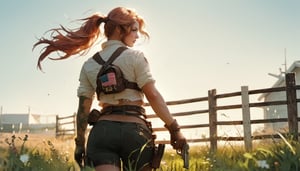 score_9, score_8_up, score_7_up, score_6_up, score_5_up  1girl, solo, long hair, brown hair, gloves, ponytail, weapon, outdoors, belt, from behind, gun, grass, handgun, fence, holster, american flag, united states