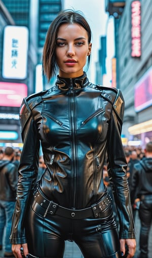 a cyberpunk woman in a black leather outfit, standing in a public space with a crowd of people in the background.