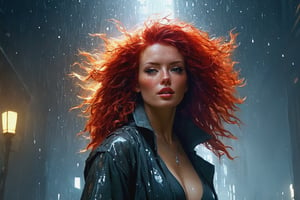 Queen of the night, goddess, Red hair, predatory look, by adrianus eversen and pascal blanche and rutkowski repin and Jean-Baptiste Monge and wlop, natural red hair, an ultra hd detailed painting, digital art, dust particles, beautiful, glittering, filigree, rim lighting, lights, extremely magic, surreal, fantasy, digital art, drops, artgerm and james jean, cinematic, by pascal blanche, rutkowski repin, artstation, hyperrealism painting, concept art of detailed character design, matte painting, 8K resolution, blade runner

