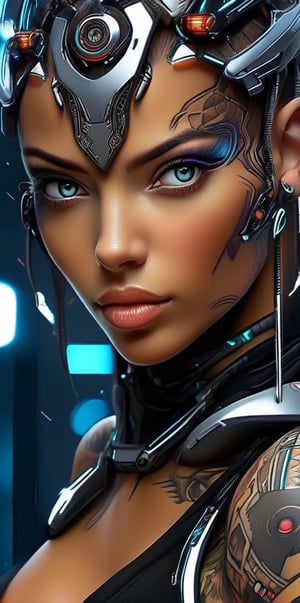 a close up of a woman with tattoos on her face, beautiful female neuromancer, beautiful cyborg woman, beautiful cyborg girl, beautiful alluring female cyborg, beautiful female cyborg, trending digital fantasy art, extraordinarily detailed woman, by Jan Tengnagel, beautiful cyberpunk girl face, stunning digital art, exquisite digital art, exquisite digital illustration, digital art fantasy art
