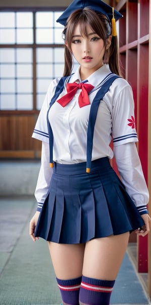 beautiful Japanese woman in a cosplay Japanese high school uniform with long socks, (medium breast), beautiful legs, shot on a Sony a7III by Richard Avedon, petite, emotive expressions, i can't believe how beautiful this is, hyper-realistic