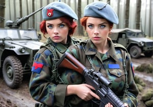 British girl soldier character, (((sexy, big breast, youthful features, facial features resembling in 1960s, aged 23-24, blue eyes, intense gaze, short red hair, military uniform, green forest camouflage military uniform, beret, holding gun, military equipment, barbed wire, roadside, military vehicles, tense scene)))