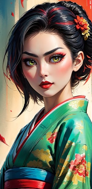 a female geisha, rogue woman, close-up, cinematic shot, graphic novel cover page, oil pastels, oil paint, doujinshi