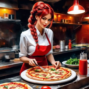 Ink painting, Abstract watercolor, Beautiful red braided hair  preparing pizza having cheese and beef hot, wild background, high resolution, high quality, high definition, pretty face, waiters dress