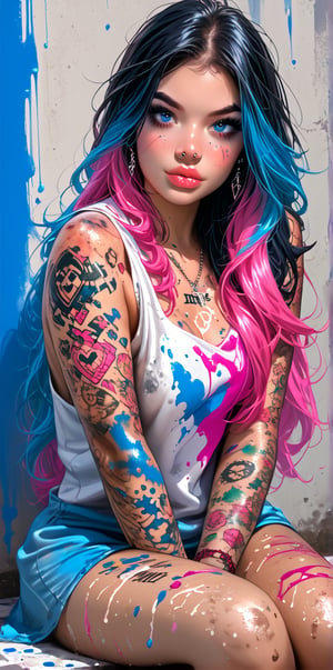 1girl, (((solo, long hair, looking at viewer, blue eyes, black hair, sitting, blue hair, pink hair, multicolored hair, two-tone hair,  female, lips, tattoo, makeup, realistic, nose, arm tattoo, body writing, dirty, paint, grafitti nijistyle
