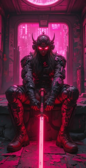 A pink and black cyberpunk samurai  sitting cross-legged, with a red-glowing swords in front. The cyberpunk landscape adds a futuristic touch to the assassin character. Cyberpunk anime art by Nroy95891.,illustr3alFlux,ILLUSTRANIME,REALNIME