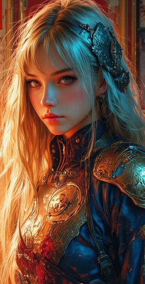 abstract photorealistic ink image in vivid, surreal colour gradient, closeup side portrait of korean woman wearing fantasy leather and bronze plate armour, long bleached hair, bangs  ,illustr3alFlux,ILLUSTRANIME,REALNIME