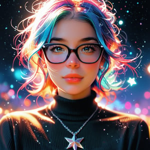  score_9, score_8_up, score_7_up,score_6_up, score_5_up, female character, solo, galaxy-themed clothing, turtleneck sweater, glasses,short hair, blue hair with a hint of purple, big round eyes, light abstract background, stars, constellations, trees silhouettes, vibrant colors, celestial, whimsical, portrait, colorful, modern art, Illustration,