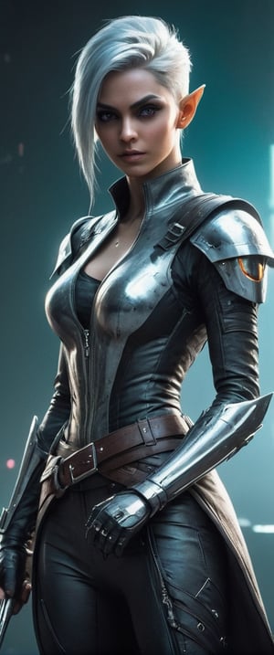 Cyberpunk, A cyberpunk elf with a sword in one hand and a pistol in the other. She has a chrome arm. 






,Comic Book-Style