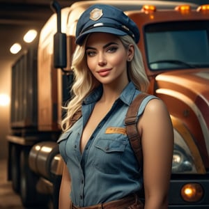 gorgeous female dressed as truck driver, truck in background, attractive, flirting, dirty clothes, dirty skin, (full body visible), looking at viewer, portrait, photography, detailed skin, realistic, photo-realistic, 8k, highly detailed, full length frame, High detail RAW color art, piercing, diffused soft lighting, shallow depth of field, sharp focus, hyperrealism, cinematic lighting