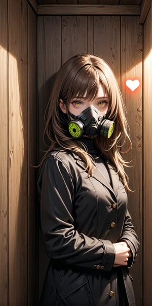 mature female, expressionless, bar, leaning against wall, interior, wooden interior, 1girl, brown hair, shoulder-length hair, yellow eyes, respirator, black jacket, glowing heart