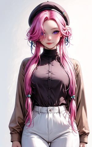 masterpiece, best quality, ultra-detailed, beautiful, nai3, aesthetic, 1girl, solo, taoqi-ww, purple eyes,pink hair,short hair,hair ornament,hair over one eye, long locks, sidelocks, smile, blush, brown jacket, gingham shirt, pants, beret, 