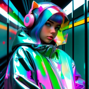 masterpiece, 1girl, on train, masterpiece, anime, sadboi, aesthetic, transparent color vinyl jacket, highly detailed, reflections, transparent iridescent opaque rgb girl, chromatic aberration jacket