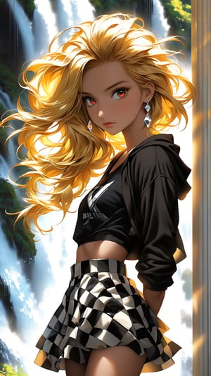 Brown, red, gold, golden hair, Red eyes, One good looking girl, solo, sexy, Checkered mini skirt, Black camisole, Black T-shirt, hoodie, Wearing a ribbon, Ribbon on waist, Crystal Earrings、 Light and shadow, Tilting face, Marble pillar, waterfall, Feather coat