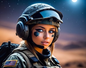 Junior officer, girl army soldier scouting alone (headshot bullet hole midnight Camo Face Paint) though a alien planet looking for targets of opportunity. High resolution, nighttime shot, epic pic