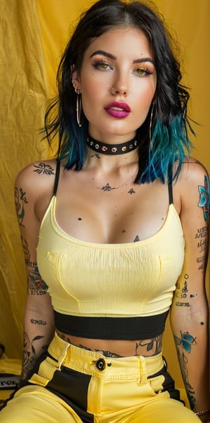 1girl, solo, breasts, looking at viewer, black hair, navel, bare shoulders, jewelry, medium breasts, sitting, multicolored hair, earrings, sleeveless, choker, midriff, pants, medium hair, two-tone hair, lips, crop top, tattoo, makeup, abs, yellow background, eyeshadow, hoop earrings, arm tattoo