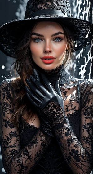 beautiful brunette woman, model, artistic pose, black hat, wearing black lace gloves, romantic makeup, black and white speedpaint with large strokes and splashes of paint, shadows and reflections, highly detailed, vibrant, production cinematic character render, hyper-realistic high-quality model, HDR, 8K, ultra high quality
