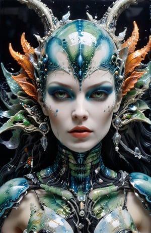 A portrait of terraforming semi-cyborg gaia alien woman from Saturn, by h. r. giger and Dan Maitz, intricately embedded within a sea of broken porcelain. The porcelain glistens with splatter paint patterns in a harmonious blend of glossy and matte blues, greens, oranges, and reds full colors. Her skin tone, a light hue like the porcelain, 8k, highly detailed, high contrast, stunning, masterpiece, Broken Glass effect, no background, stunning, something that even doesn't exist, mythical being, energy, molecular, textures, iridescent and luminescent scales, breathtaking beauty, pure perfection, divine presence, unforgettable, impressive, breathtaking beauty, Volumetric light, auras, rays, vivid colors reflects
,cyborg style
