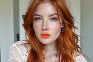 1girl, solo, long hair, breasts, looking at viewer, jewelry, earrings, parted lips, orange hair, lips, head tilt