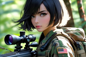 (masterpiece),(Highest quality),(High resolution),(Very detailed),One Woman,Japanese,Black Hair,Short Bob,Beautiful Eyes,Long eyelashes,Beautiful Hair,Beautiful Skin,whole body,BREAK(((aim at something with a sniper rifle))),((Close one eye and look through the scope))(Lying down),((Sniper Rifle)),Army Camouflage Uniform,Bulletproof vest, Combat Boots, Tactical Forster,Tactical Headset,(The background is a dense forest),(((Background Blur)))