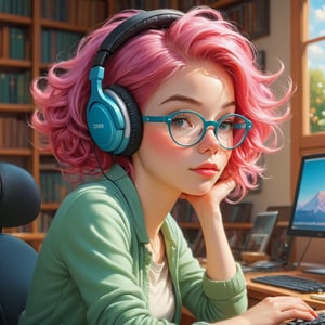 Make an oil painting of adorable female streamer sitting at her computer with her eyes closed, wearing headphones, has pink hair, librarian style glasses by James Christensen, awwChang, CGSociety, Illumination, Pixar, super crisp high fidelity, sunny day background