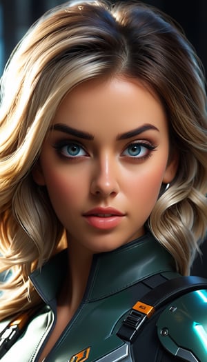 a futuristic female bounty hunter, (beautiful detailed eyes, symmetrical eyes, (detailed face), dramatic lighting, (photorealism 1. 5), (photorealistic 1. 4), (8k, RAW photo, masterpiece), High detail RAW color photo, realistic, (highest quality), (best shadow), (best illustration), ultra high resolution, highly detailed CG unified 8K wallpapers, physics-based rendering, photo, realistic, realism, high contrast, hyperrealism, photography, f1. 6 lens, rich colors, cinestill 800)