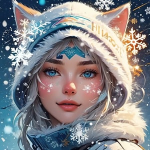 abstract background anime cat face light colors snowflakes and sparks letters graffiti winter elf girl