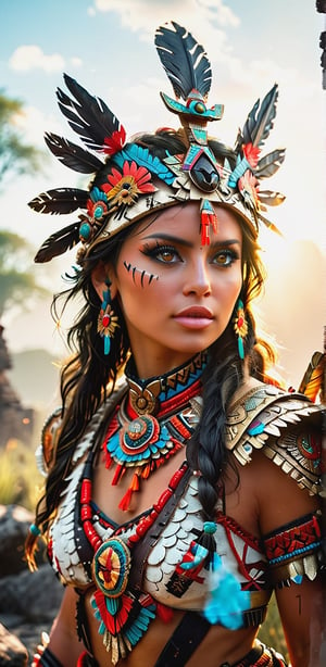 cinematic photography,(full closeup portrait:1.5), (a warrior wearing an aztec headpiece,  voloptuouse body), a ruin battlefield background,field,sunshine rays backlighting,(masterpiece:1.2),intricate,(best quality, extremely detailed:1.5), thick volumetric [soft neon glow|black] fog,soft volumetric moonlight,realistic ambient (best image,best quality:1.5),(best render:1.5), unreal engine, shallow focus, depth of field, (eye and lip highlights:1.5),(high constrast),(realistic textures),(realistic expression)