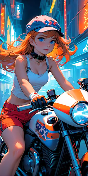 roxy,orange hair,blue eyes,long hair,white crop top,single elbow glove,collar,short red shorts, peaked cap, upper body,looking at viewer driving a motocicle, night,neon lights, streets, (insanely detailed, masterpiece, best quality),solo,