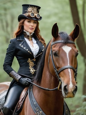(((A stunning sexy woman in steampunk))) Beneath a canopy of timeless nature, a steampunk enchantress and her majestic steed share a moment of serene connection. Her gaze, intricate as the gears on her top hat, unveils stories of uncharted adventures, while the horse's gentle presence mirrors her fierce yet poised essence. Clad in dark leather with brass embellishments, she stands as a striking blend of Victorian grace and industrial flair—a true embodiment of steampunk artistry. 🕰️🖤