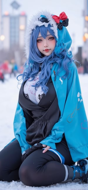 1 girl,hoody,fur cape,Blue hair,ssmile,Lolita costume,Extra-long hair,Red bow hair ornament,Sat down,The content is very detailed,center frame,Focus sharp,City,natta,Ski slopelizzarding,luring,8k,tmasterpiece,winning artwork,