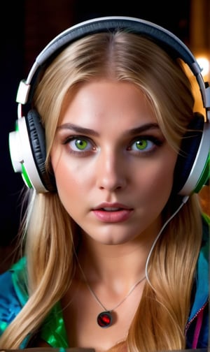 1girl, (masterpiece), best quality, expressive eyes, perfect face, long blonde hair, green eyes, brown eyebrows, moles under eye, ((headphones on the girl's head)), clothes: 0.7, ((horror)), ((blood)), ((blood on the face)), the world of illusions, details:1.5, darkener: 1.5, upper body, ((Halloween)), ((gold))