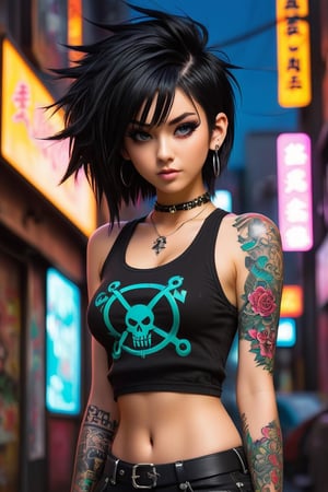 anime artwork A photo of a punk-inspired, edgy-looking young woman with a slender frame, black hair, wearing dystopic fashion, lowrise pants, a revealing crop top, showing off her midriff and adorned with intricate tattoos, captured in a neon-lit Neotokyo suburb. . anime style, key visual, vibrant, studio anime, highly detailed