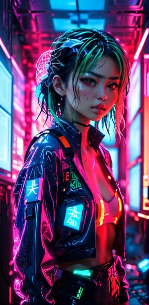 gritty raw street photography,(an arrogant japanese 21 year old woman hacker), surrounded by large computer monitors,body illuminated by florescent light,soft neon backlighing, visible detailed skin, realistic skin texture,extremely detailed,(hyper realistic:1.2),(best quality:1.5),(best image:1.5),(film grain:1.1),(bokeh effect:1.1),(deep focus),(depth of field),(eye catchlights:1.1)