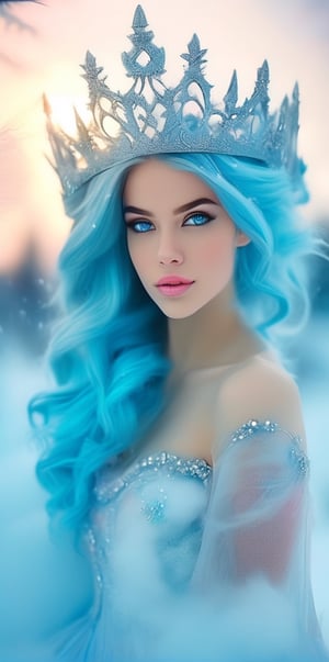 disturbingly whimsical portrait of a beautiful Winter princess with blue hair and blue eyes in a dress made of ice dissolving in white smoke, snow storm, soft morning light, pink-golden sky, white snow