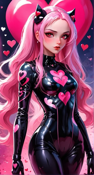 The image provided is a digital illustration of a female character. The character's features are exaggerated and stylized, with prominent pink hair, dark eye makeup, and a contemplative expression. She wears a bodysuit adorned with hearts and the number 9, which could suggest a theme or identity related to the character. The colors used in the illustration are muted yet vibrant, with the pink elements standing out against the softer background. There is no additional context provided within the image itself.