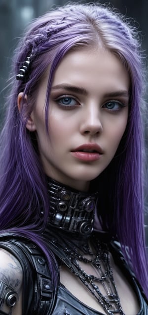 By HR Giger and Luis Royo and Victoria Frances and "ghost in the shell" and "altered carbon", The image is a close-up portrait of a Spanish teenage cyborg with long purple hair and piercing eyes. The cyborg has an anthropomorphic humanoid appearance with immaculate clean pale smooth skin. They are depicted at an underground industrial party, wearing a crop top. The overall aesthetic is a combination of grungy gothic and cyberpunk, with elements of dark neon punk, bubble goth, and mall goth. The style of the image is hyperrealistic and extremely detailed, resembling a cinematic photograph. It showcases intricate details of the cyborg's face and body, emphasizing their slender symmetrical physique and straight fringe. The image captures a techno-mystic atmosphere with a touch of android mysticism, incorporating terminator tech