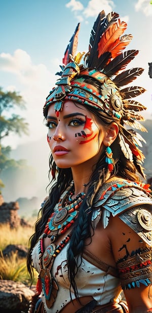 cinematic photography,(full closeup portrait:1.5), (a warrior wearing an aztec headpiece,  voloptuouse body), a ruin battlefield background,field,sunshine rays backlighting,(masterpiece:1.2),intricate,(best quality, extremely detailed:1.5), thick volumetric [soft neon glow|black] fog,soft volumetric moonlight,realistic ambient (best image,best quality:1.5),(best render:1.5), unreal engine, shallow focus, depth of field, (eye and lip highlights:1.5),(high constrast),(realistic textures),(realistic expression)