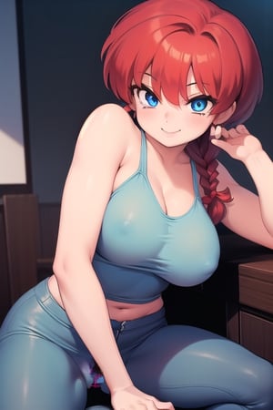 Ranma 
all naked girl blue eyes red hair smile big breasts with her legs open touching her vagina with  one a braid with pubic hair