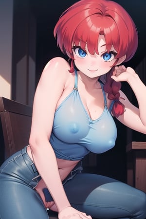 Ranma 
all naked girl blue eyes red hair smile big breasts with her legs open touching her vagina with  one a braid 