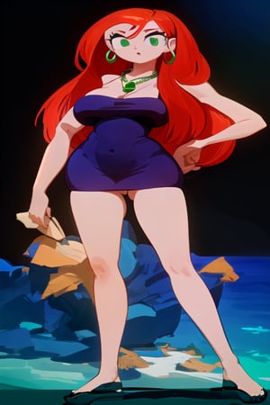 red-haired woman long hair pulled back big eyes with long eyelashes green pendant earrings and necklace with a green pendant of green color large breasts waist girl with large hips shapely legs naked lying on the beach
